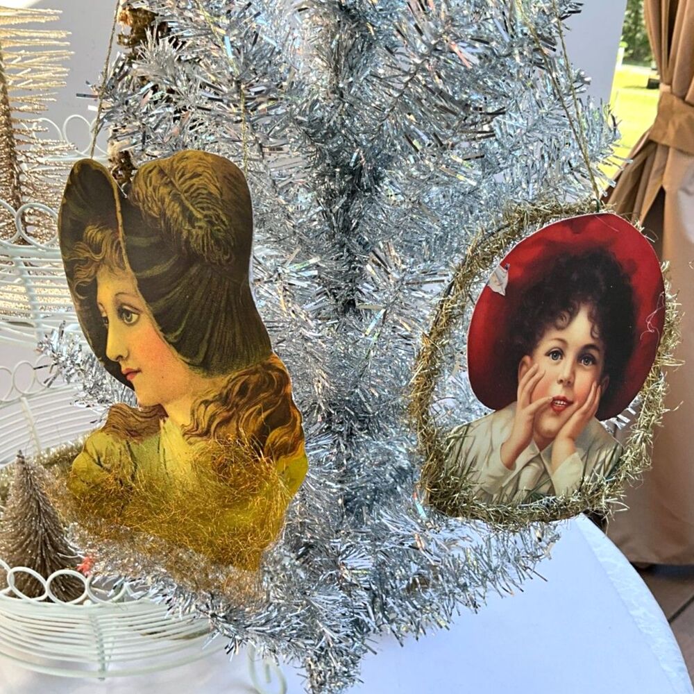 Vintage Victorian Style Die Cut Christmas Ornaments Scrap Tinsel Lady Child Pair